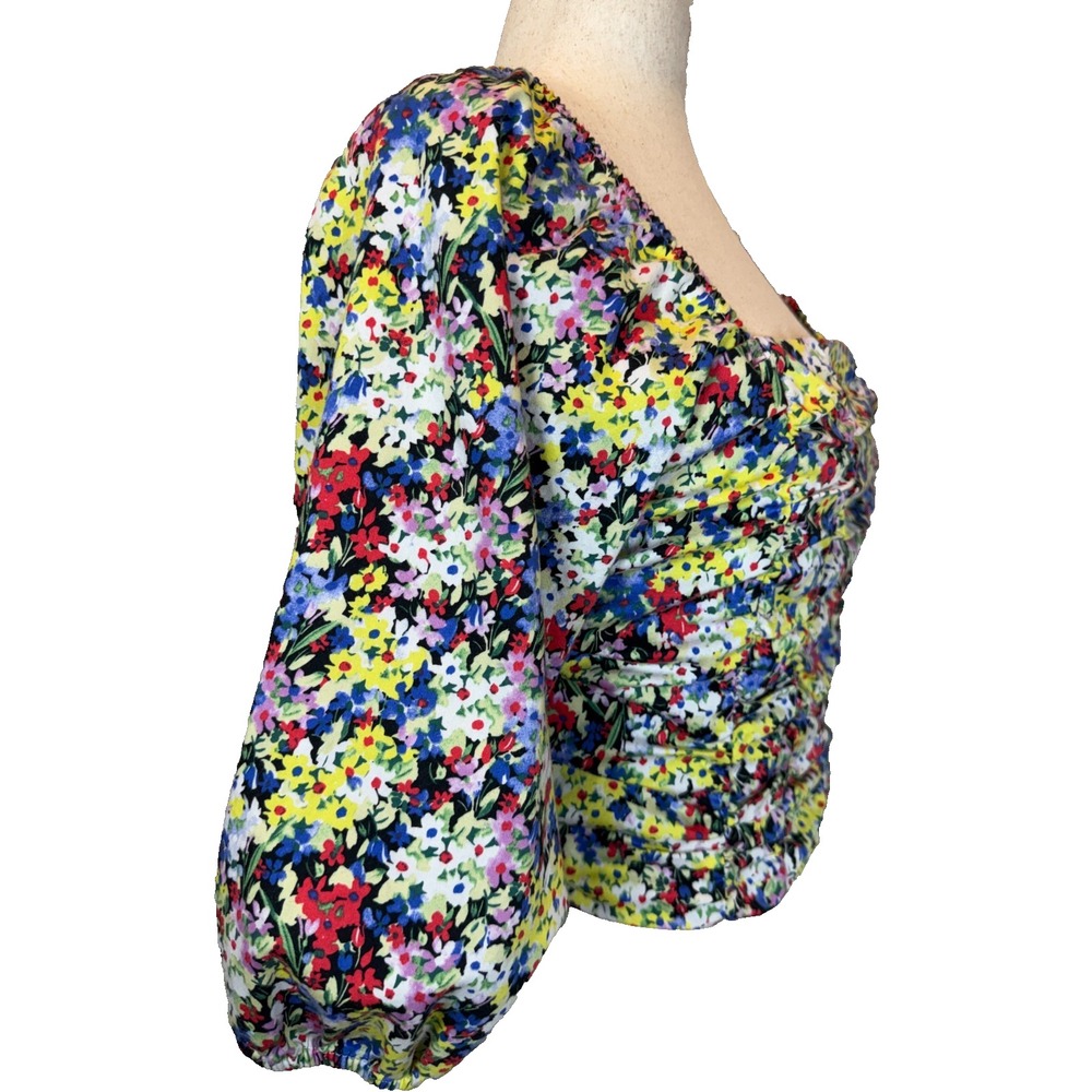 Floral Ruched Crop Top Square Neck Puff Sleeve Smocked Back Women's L Boho